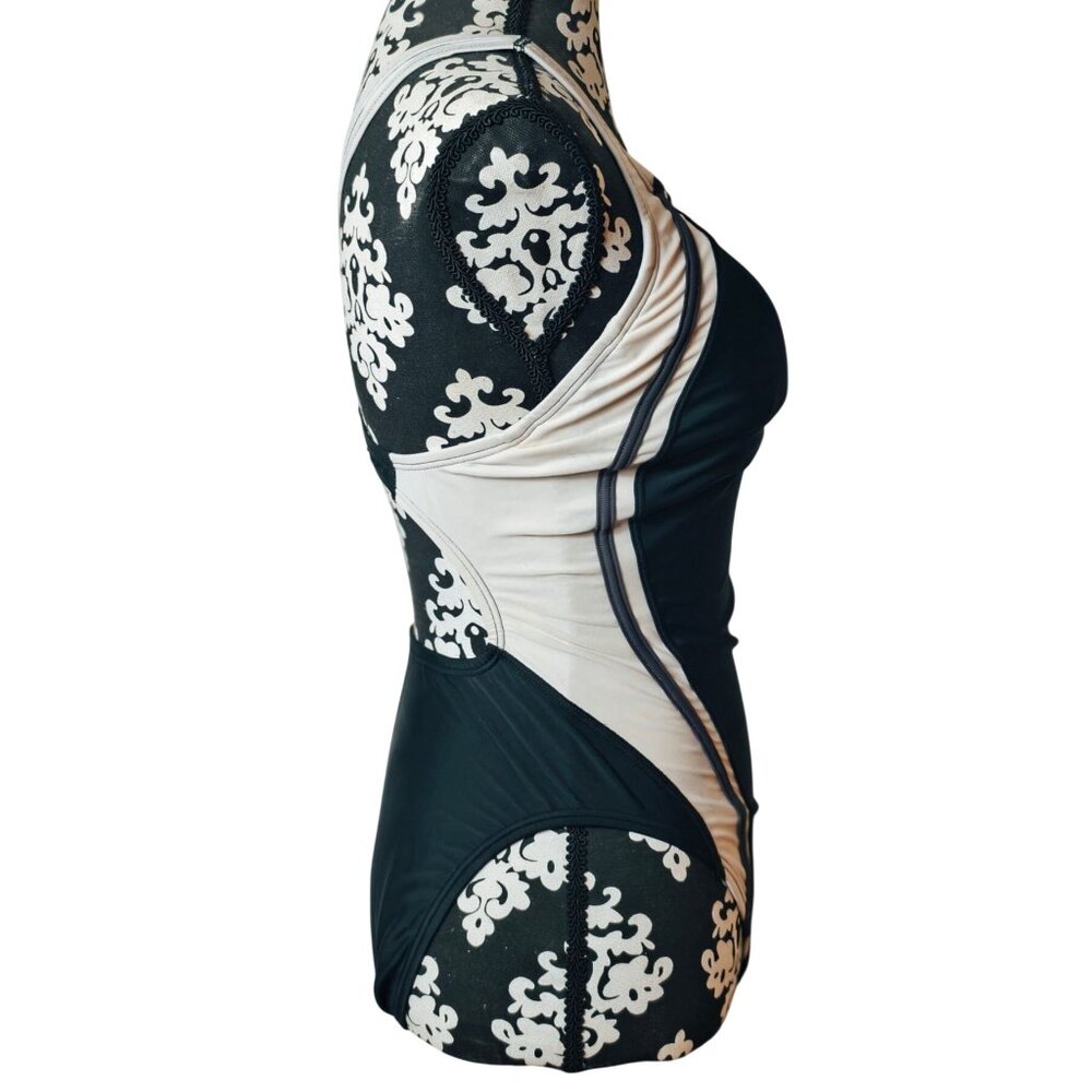 Speedo Womens Swimsuit 12 Creora Black White High Cut One Piece Shelf Bra - Picture 6 of 8